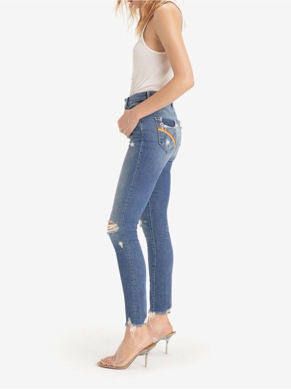 Mother Denim High Waisted Looker Ankle Chew Learning to Hula Rainbow Size 25 - Picture 4 of 12